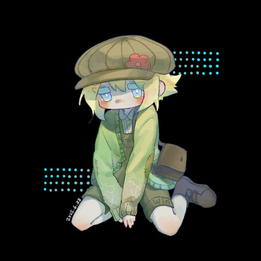 1boy, basil_(birthday)_(omori), basil_(faraway)_(omori), basil_(omori), black_background, blonde_hair, blue_eyes, blush