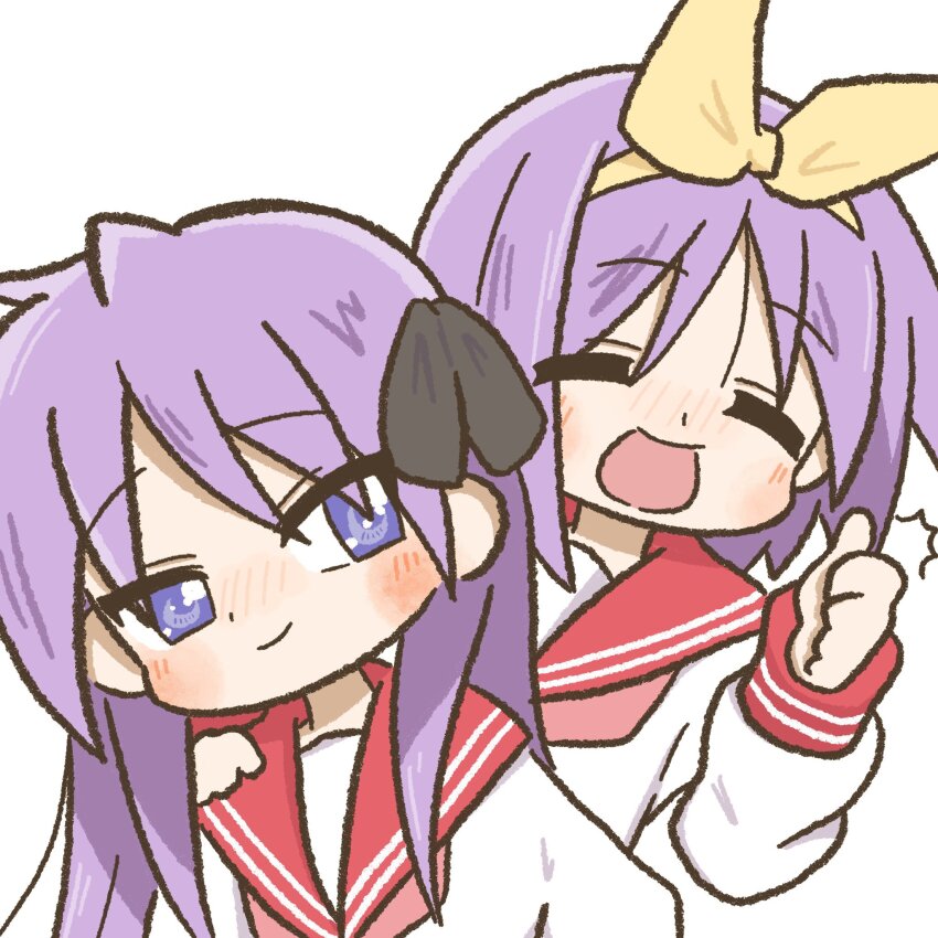 2girls, birthday, black_bow, blue_eyes, blush, bow, closed_eyes, hand_on_another's_shoulder