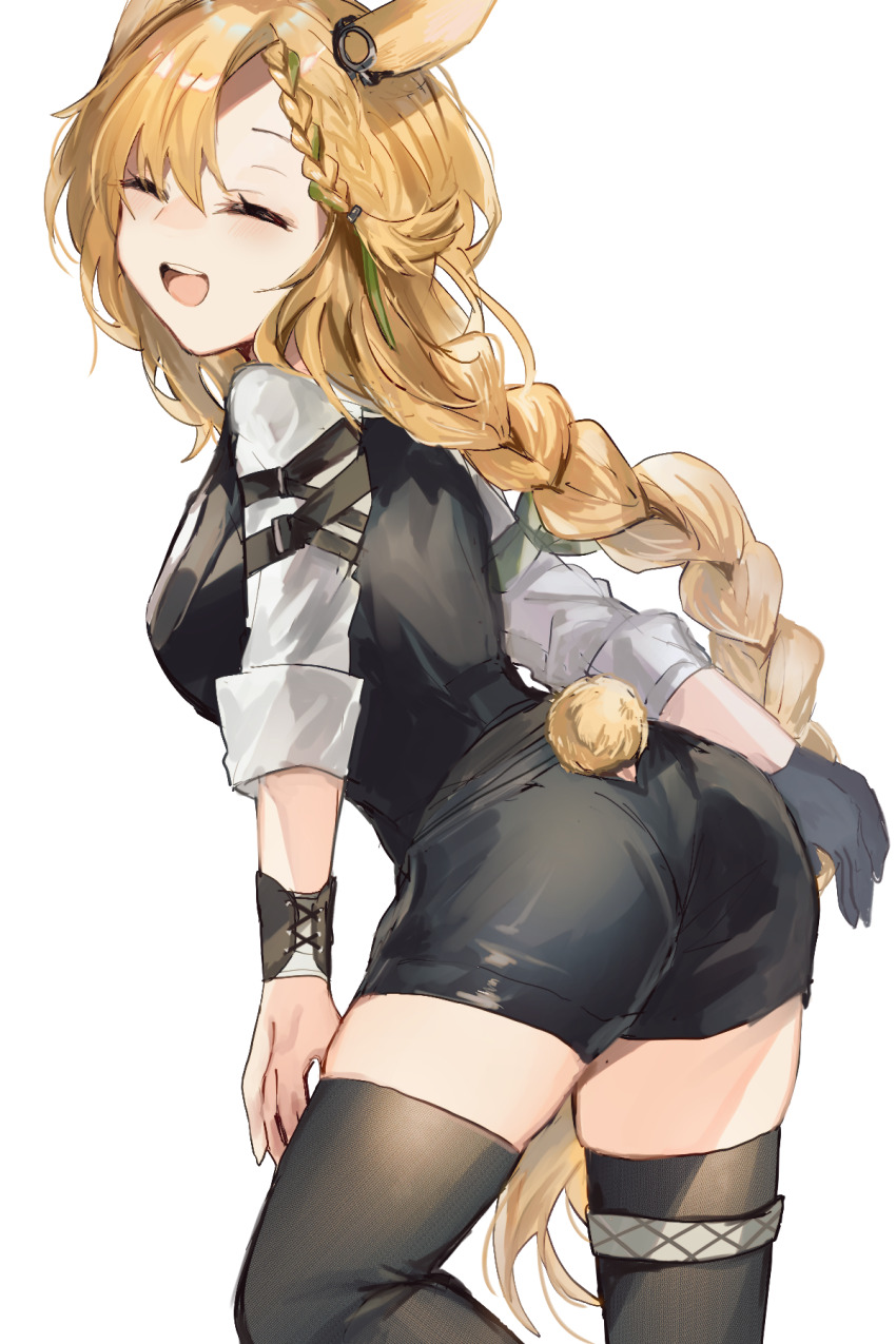1girl, :d, ^_^, animal_ears, arknights, ass, black_shorts, black_thighhighs, black_vest, blonde_hair, braid, closed_eyes, cowboy_shot, facing_viewer, fumi_(rdbm), green_ribbon, hair_ribbon, highres, kokodayo, kroos_(arknights), kroos_the_keen_glint_(arknights), long_hair, open_mouth, ribbon, shirt, shorts, simple_background, sketch, smile, solo, standing, tail, thighhighs, turning_head, vest, white_background, white_shirt, yellow_tail, zettai_ryouiki