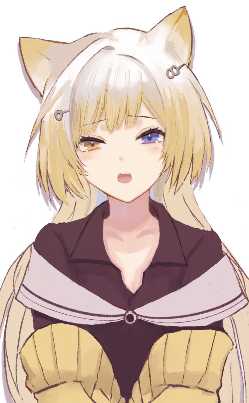 1girl, animal_ears, arknights, black_shirt, blonde_hair, blue_eyes, collarbone, commentary_request