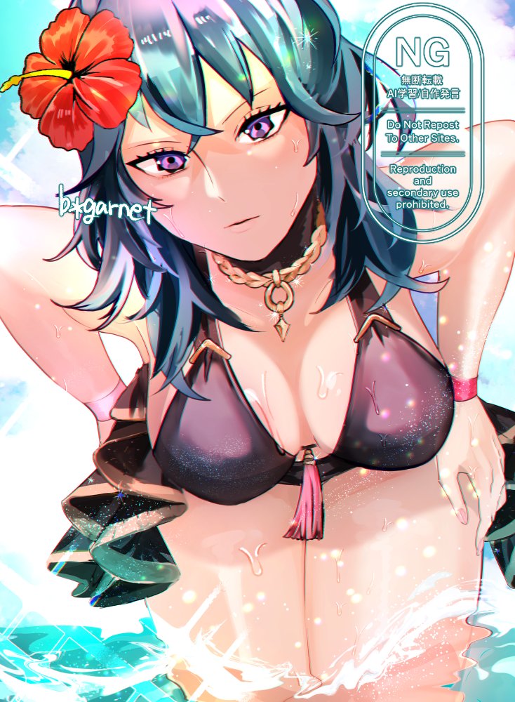 1girl, bent_over, bikini, black_bikini, blue_eyes, blue_hair, breasts, cleavage, closed_mouth, female_byleth_(fire_emblem), female_byleth_(summer)_(fire_emblem), fire_emblem, fire_emblem:_three_houses, fire_emblem_heroes, flower, hair_flower, hair_ornament, hibiscus, ice_ice_mint, large_breasts, long_hair, looking_at_viewer, nintendo, official_alternate_costume, red_flower, sideboob, solo, swimsuit, thick_thighs, thighs, water, wet