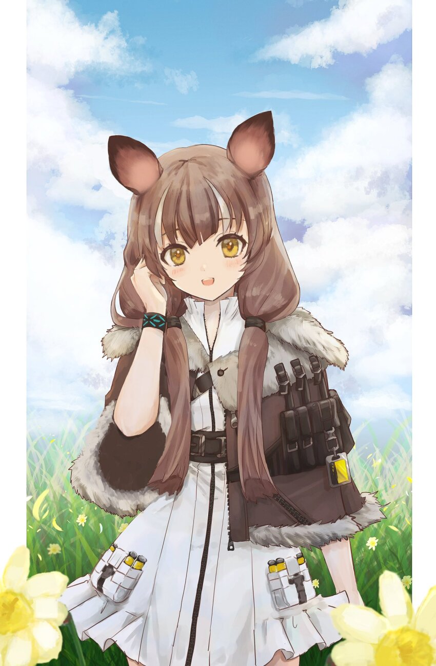 1girl, :d, animal_ears, arknights, arm_at_side, blush, brown_capelet, brown_hair