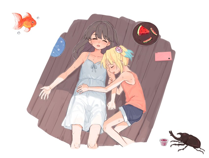 2girls, aged_down, alternate_costume, arm_hug, basil_(wgh0anzdple3asf), black_shorts, blonde_hair, blue_hair