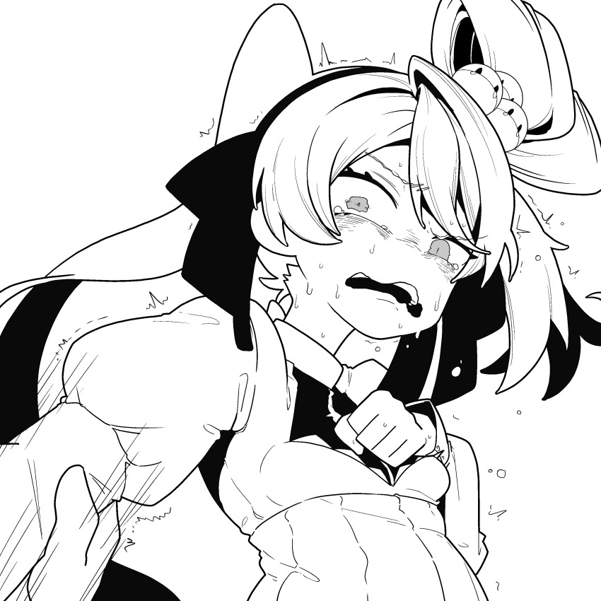 1girl, 1other, absurdres, alternate_costume, asymmetrical_hair, blush, breasts, clenched_hand