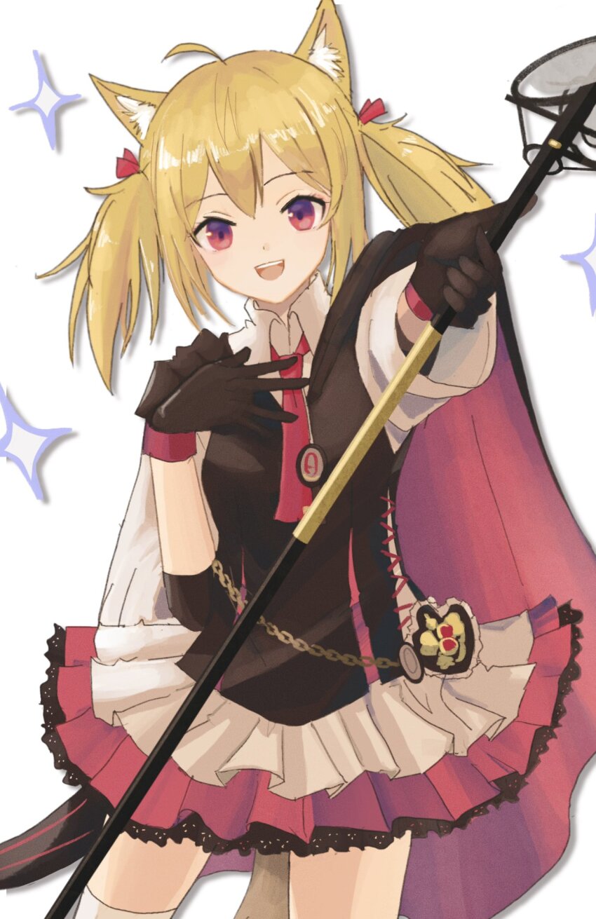 1girl, :d, ahoge, animal_ear_fluff, animal_ears, arknights, black_gloves, blonde_hair