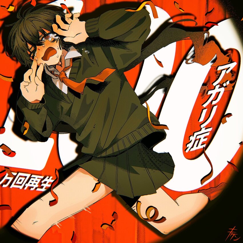 >_o, 1girl, agarishou_(synthesizer_v), black_hair, black_skirt, black_sweater, blush, collared_shirt