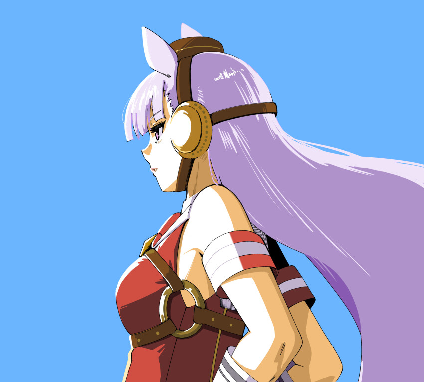 1girl, absurdres, animal_ears, armband, bare_shoulders, blue_background, breasts, brown_hat, commentary_request, dress, ear_covers, from_side, gold_ship_(red_strife)_(umamusume), gold_ship_(umamusume), hat, highres, horse_ears, horse_girl, itsumeee3, long_hair, medium_breasts, parted_lips, pillbox_hat, purple_eyes, purple_hair, red_armband, red_dress, simple_background, sleeveless, sleeveless_dress, solo, umamusume, upper_body