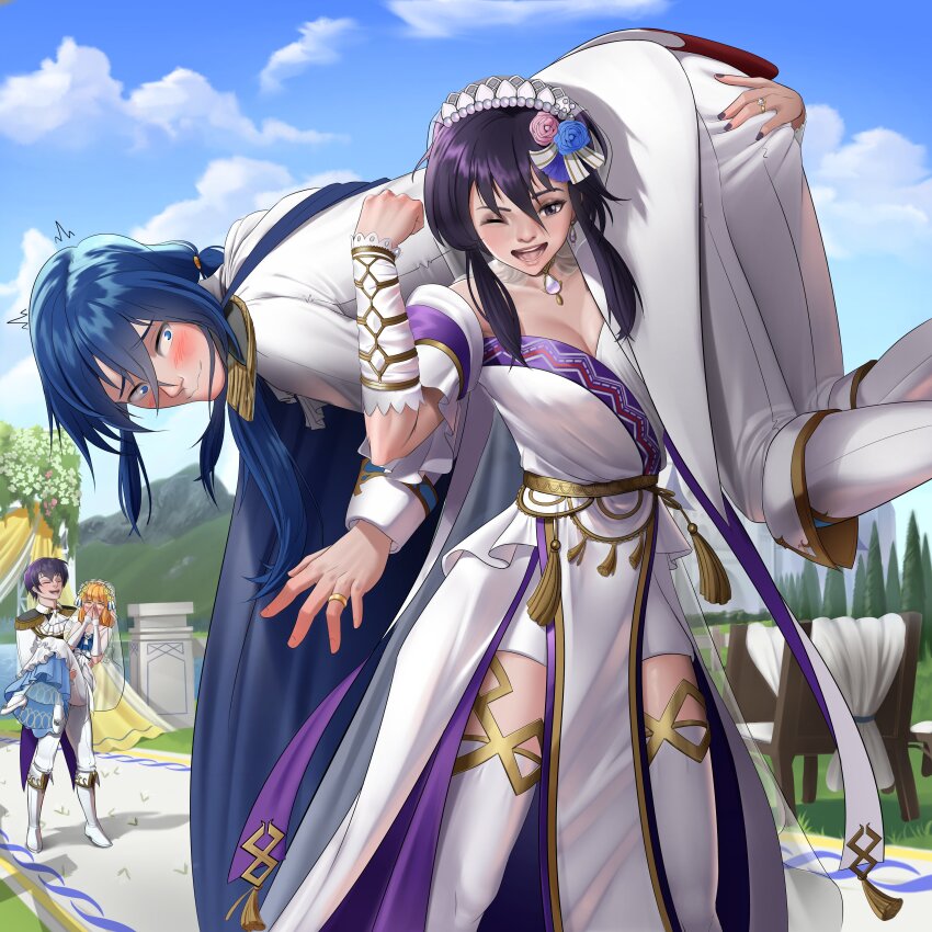 2boys, 2girls, absurdres, alternate_costume, assertive_female, black_hair, blue_hair, blue_sky, blush, boots, breasts, bridal_veil, bride, brother_and_sister, cape, carrying, carrying_over_shoulder, carrying_person, castle, choker, cleavage, closed_eyes, commission, commissioner_upload, couple, demdeet, dress, earrings, embarrassed, field, fire_emblem, fire_emblem:_genealogy_of_the_holy_war, fire_emblem_heroes, fist_pump, flower, flower_hairpin, formal_clothes, gloves, grabbing_another's_ass, groom, groping, hetero, highres, jewelry, lake, lana_(bride)_(fire_emblem), lana_(fire_emblem), larcei_(bride_of_astra)_(fire_emblem), larcei_(fire_emblem), laughing, long_hair, looking_at_another, looking_at_viewer, medium_breasts, mountain, multiple_boys, multiple_girls, nail_polish, nintendo, official_alternate_costume, one_eye_closed, open_mouth, orange_hair, outdoors, over_shoulder, pants, pelvic_curtain, princess_carry, ring, rose, scathach_(fire_emblem), seliph_(enduring_legacy)_(fire_emblem), seliph_(fire_emblem), short_hair, siblings, sidelocks, sky, smile, standing, strapless, strapless_dress, suit, thighhighs, tiara, twins, vambraces, veil, wavy_mouth, wedding, wedding_dress, wedding_ring, white_dress, white_flower, white_gloves, white_rose, wide-eyed