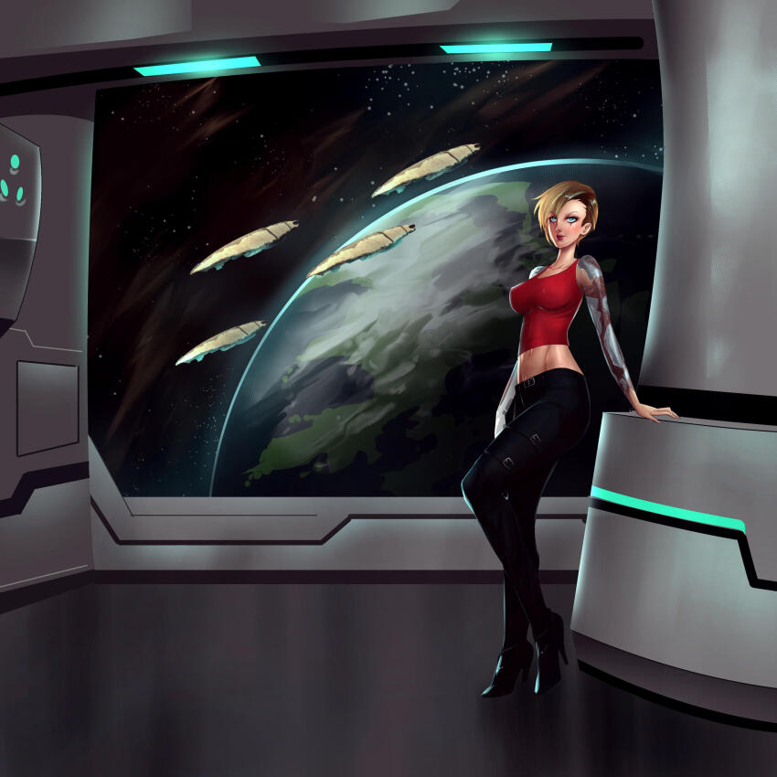 1girl, absurdres, amarr_empire_(eve_online), arm_tattoo, asymmetrical_hair, bare_arms, bare_shoulders, belt, black_belt, black_pants, black_shoes, blonde_hair, blue_eyes, breasts, brown_hair, capital_ship_(eve_online), carthum_conglomerate_(eve_online), collarbone, commentary, commission, covered_erect_nipples, cyborg, damillia_seraph, eve_online, fleet, freighter_(eve_online), full_body, glowing, gradient_hair, hauling_ship_(eve_online), high_heels, highres, in_orbit, indoors, large_breasts, linea_alba, lips, looking_at_viewer, mechanical_arms, midriff, multicolored_hair, nose, original, pants, planet, prosthesis, prosthetic_arm, providence_(eve_online), red_lips, red_tank_top, science_fiction, shoes, short_hair, single_mechanical_arm, sky, solo, space, spacecraft, spacecraft_interior, standing, star_(sky), starry_sky, stomach, tank_top, tattoo, two-tone_hair, uliel, window