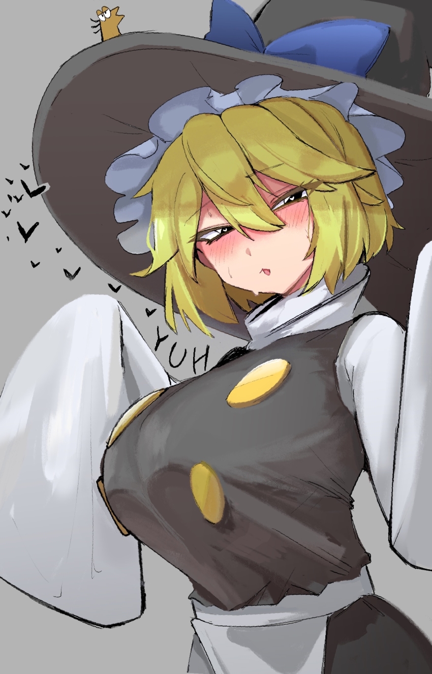 1girl, 24-year-old_student, 2channel, apron, black_eyes, black_hat, black_skirt, black_vest, blonde_hair, blue_bow, blush, bow, buttons, cookie_(touhou), frilled_hat, frills, grey_background, hair_between_eyes, hat, hat_bow, heart, highres, kirisame_marisa, livejupiter_(2channel), long_bangs, long_sleeves, looking_at_viewer, open_mouth, shirt, short_hair, simple_background, skirt, skirt_set, sleeves_past_fingers, sleeves_past_wrists, solo, touhou, turtleneck, turtleneck_shirt, upper_body, vest, waist_apron, white_apron, white_shirt, witch_hat, yakiu_no_oniichan, yuuhi_(cookie)