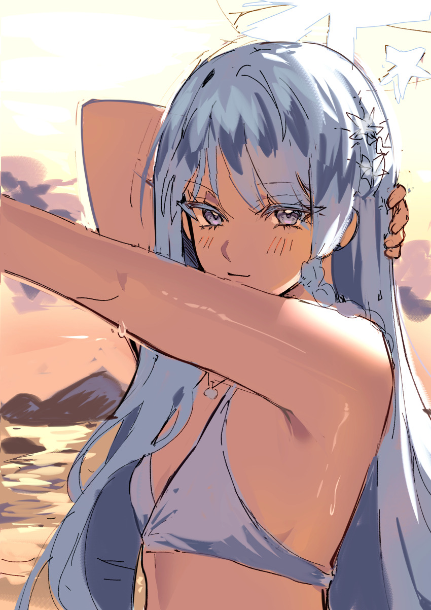 1girl, absurdres, arm_behind_head, bare_arms, bare_shoulders, bikini, blue_archive, blush