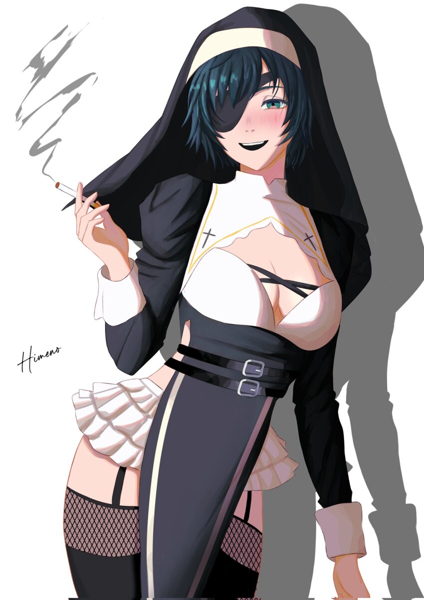 1girl, black_hair, black_thighhighs, blue_eyes, blush, breasts, chainsaw_man, character_name