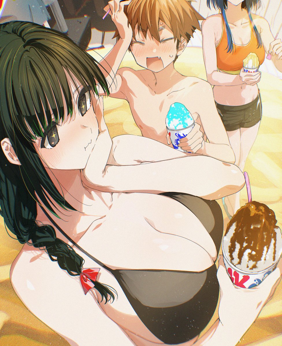 1boy, 2girls, anna_(kimi_wa_meido-sama), beach, bikini, black_bikini, black_eyes, black_hair, blue_hair, braid, braided_ponytail, breasts, brown_hair, cleavage, closed_eyes, closed_mouth, collarbone, commentary_request, food, hair_ribbon, hand_on_own_cheek, hand_on_own_face, highres, holding, holding_food, kimi_wa_meido-sama, large_breasts, long_hair, medium_breasts, multiple_girls, open_mouth, red_ribbon, ribbon, shaved_ice, shotan, spoon_straw, swimsuit, yokoya_hitoyoshi, yuki_(kimi_wa_meido-sama)