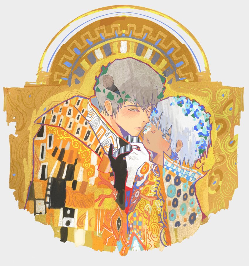 2boys, absurdres, arm_up, blue_flower, cape, coat, colored_eyelashes, commentary