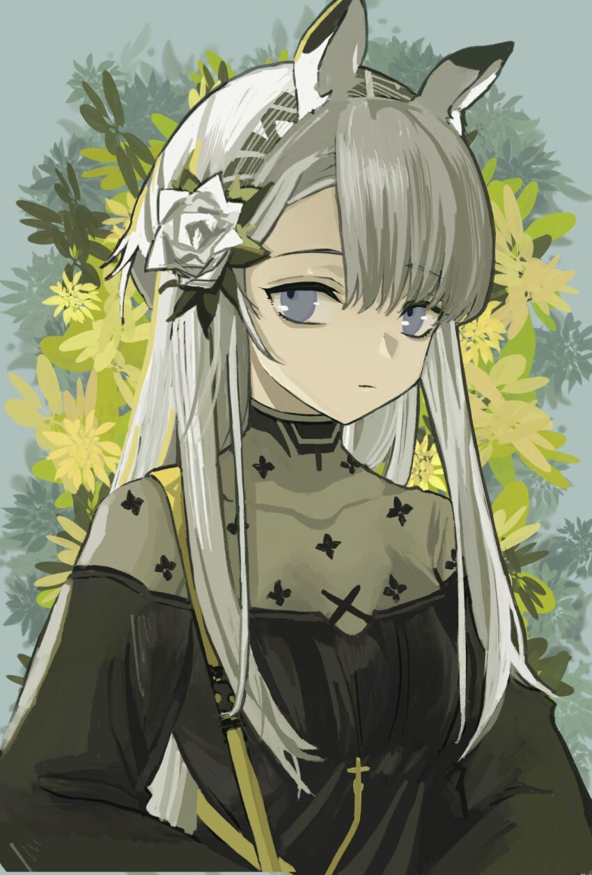 1girl, animal_ears, arknights, black_shirt, closed_mouth, commentary_request, corrupted_twitter_file, covered_collarbone