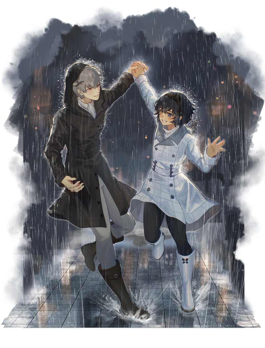 2boys, absurdres, arm_up, ascot, belt, belt_buckle, black_belt, black_boots, black_coat, black_pants, blue_eyes, blue_hair, boots, buckle, buttons, cloud, cloudy_sky, coat, commentary, crossed_bangs, eye_contact, full_body, grey_hair, grey_pants, gwedo_metaphor, hairband, heterochromia, highres, holding_hands, hood, hood_up, hooded_coat, horns, lapels, long_sleeves, looking_at_another, male_focus, metaphor:_refantazio, mixed-language_commentary, multiple_boys, notched_lapels, outdoors, pants, patterned_clothing, protagonist_(metaphor:_refantazio), rain, ripples, shirt, shoe_belt, short_hair, sky, sleeve_cuffs, smile, strohl_(metaphor:_refantazio), teeth, water, wet, wet_hair, white_ascot, white_boots, white_coat, white_shirt, yellow_eyes