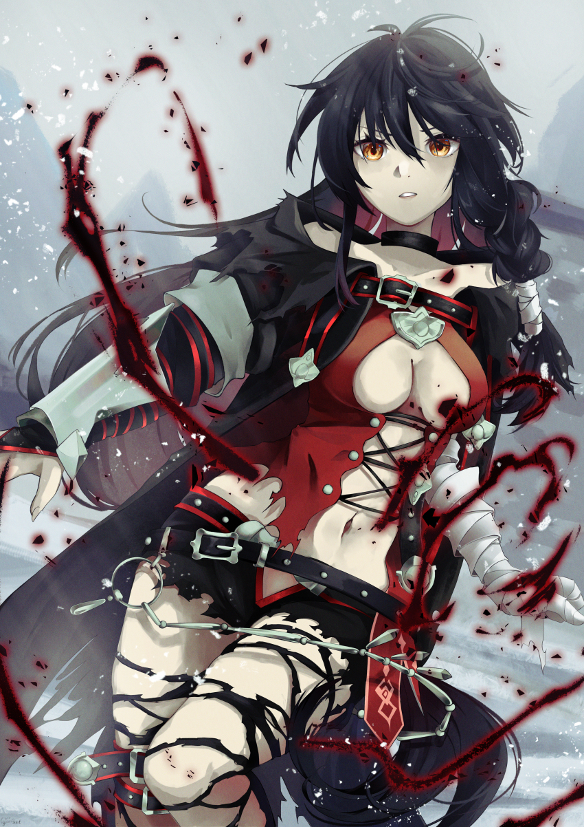 1girl, absurdres, bandaged_arm, bandages, belt, black_belt, black_hair, black_shorts, braid, breasts, cleavage, cyan_paint, hair_between_eyes, highres, long_hair, looking_at_viewer, navel, parted_lips, short_shorts, shorts, solo, tales_of_(series), tales_of_berseria, torn_clothes, velvet_crowe, yellow_eyes