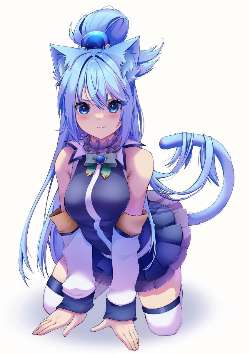 1girl, :3, absurdres, animal_ear_fluff, animal_ears, aqua_(konosuba), aqua_eyes, aqua_hair
