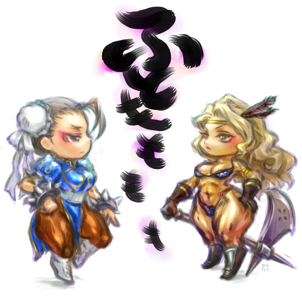 2girls, amazon_(dragon's_crown), armlet, armor, axe, bikini, bikini_armor, blonde_hair, boots, bracelet, breasts, brown_eyes, brown_hair, bun_cover, capcom, chibi, china_dress, chinese_clothes, chun-li, crossover, double_bun, dragon's_crown, dress, eyeshadow, halberd, jewelry, makeup, multiple_girls, muscular, muscular_female, neko_no_yu, pantyhose, pelvic_curtain, polearm, short_hair, spiked_bracelet, spikes, street_fighter, swimsuit, thick_thighs, thighs, vanillaware, weapon