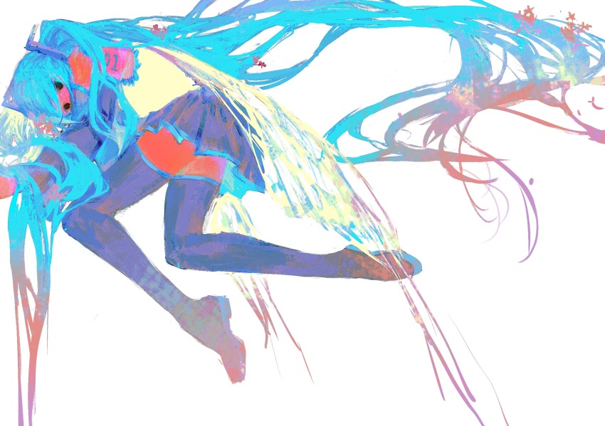 1girl, absurdly_long_hair, aqua_hair, black_eyes, boots, chinese_commentary, colored_skin, commentary_request