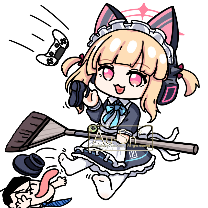 1boy, 1girl, :3, :d, ^_^, absurdres, animal_ear_headphones, animal_ears, apron, aqua_bow, aqua_bowtie, artist_name, back_bow, black_dress, black_hair, black_shoes, blonde_hair, blue_archive, blue_necktie, bow, bowtie, broom, cat_ear_headphones, cat_ears, chibi, chinese_commentary, closed_eyes, collared_dress, commentary_request, contrast_collar, controller, doodle_sensei_(blue_archive), dress, fake_animal_ears, frilled_apron, frilled_dress, frills, full_body, game_controller, hair_bow, halo, hand_up, headphones, heart, heart_in_mouth, highres, holding, holding_broom, holding_shoes, holding_unworn_clothes, long_sleeves, maid, maid_apron, maid_headdress, merchandise_available, momoi_(blue_archive), momoi_(maid)_(blue_archive), motion_lines, necktie, no_shoes, number_print, official_alternate_costume, official_alternate_hairstyle, open_mouth, pantyhose, pink_eyes, pink_halo, playstation_controller, puffy_long_sleeves, puffy_sleeves, red_bow, sensei_(blue_archive), shoes, short_hair, short_twintails, sidelocks, sitting, smile, soles, solo_focus, tongue, tongue_out, twintails, unworn_shoes, virtual_pet_(toy), watermark, white_apron, white_bow, white_headdress, white_pantyhose, yimaxue