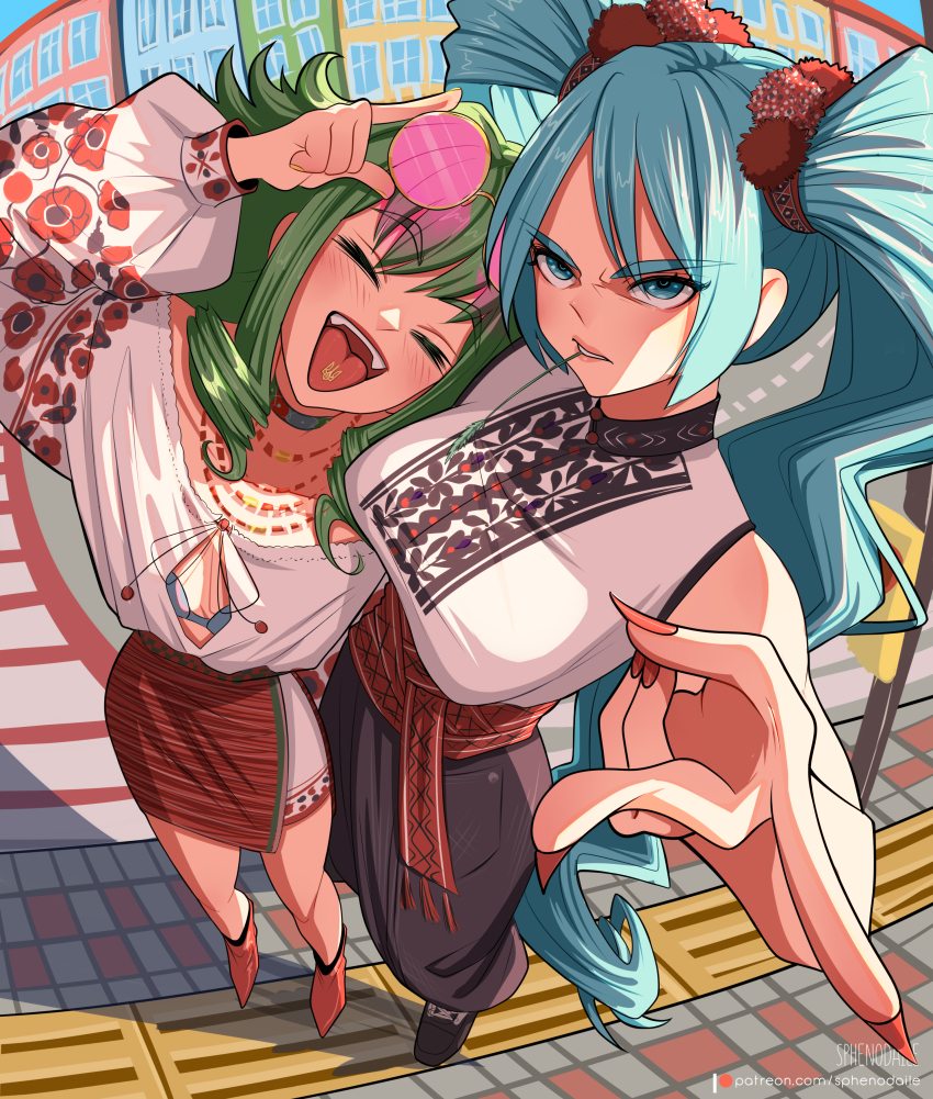 2girls, absurdres, aqua_eyes, aqua_hair, blue_eyes, blush, breasts, closed_eyes