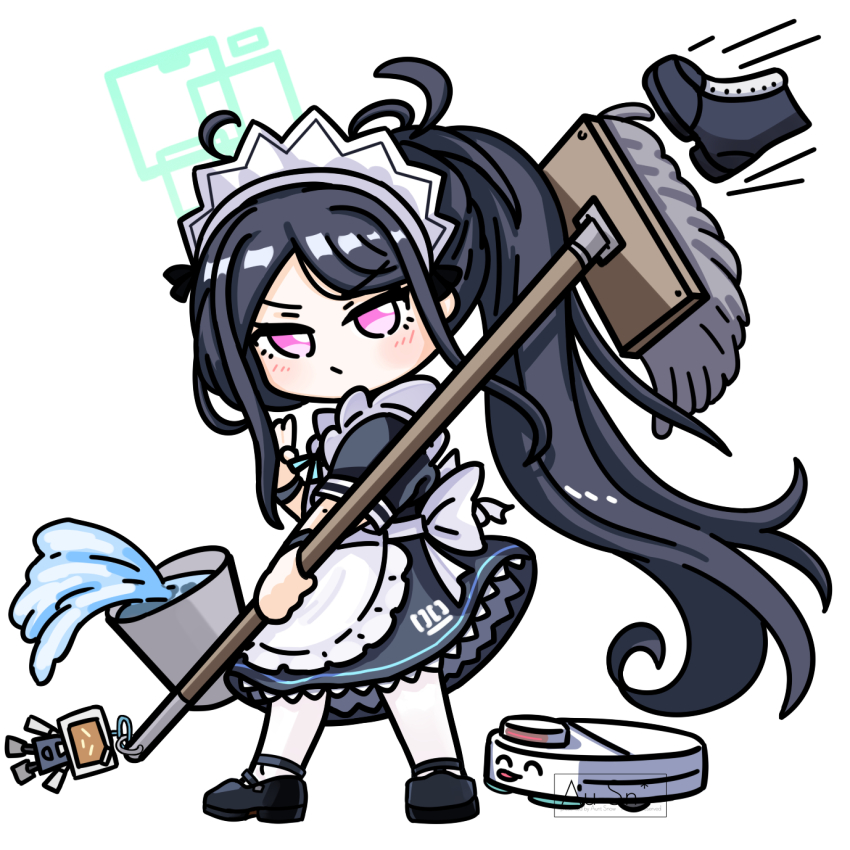 1girl, :/, ^_^, apron, aqua_halo, aqua_ribbon, aris_(blue_archive), aris_(maid)_(blue_archive)