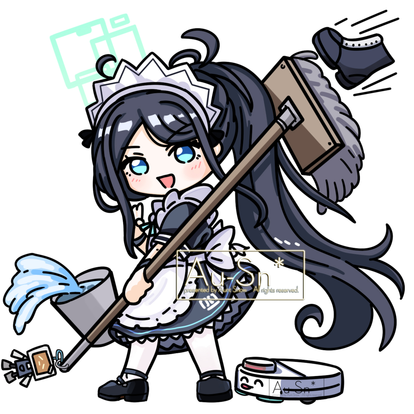 1girl, :d, ^_^, absurdres, apron, aqua_eyes, aqua_halo, aqua_ribbon