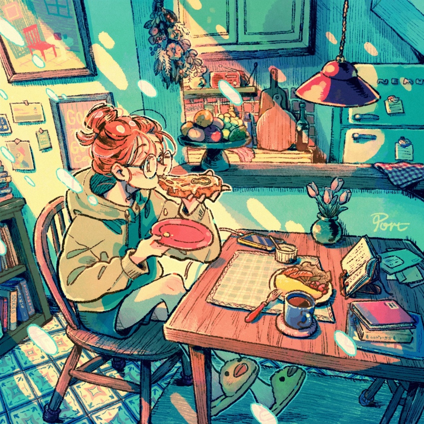 1girl, animal_shoes, aqua_shorts, artist_name, book, book_stand, bookshelf, bread