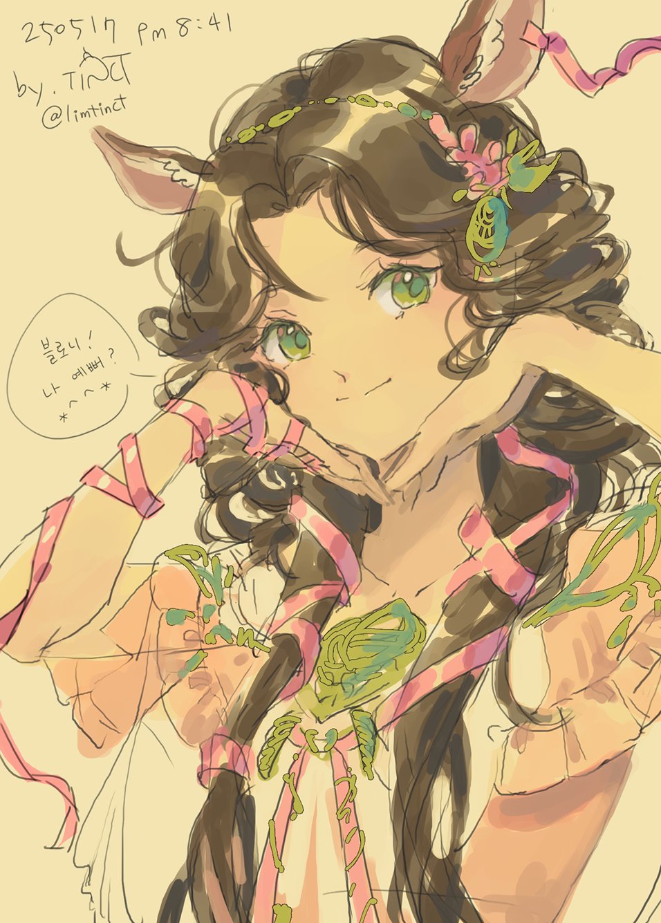 1girl, animal_ears, arm_ribbon, artist_name, brown_hair, dated, deer_ears, deer_girl