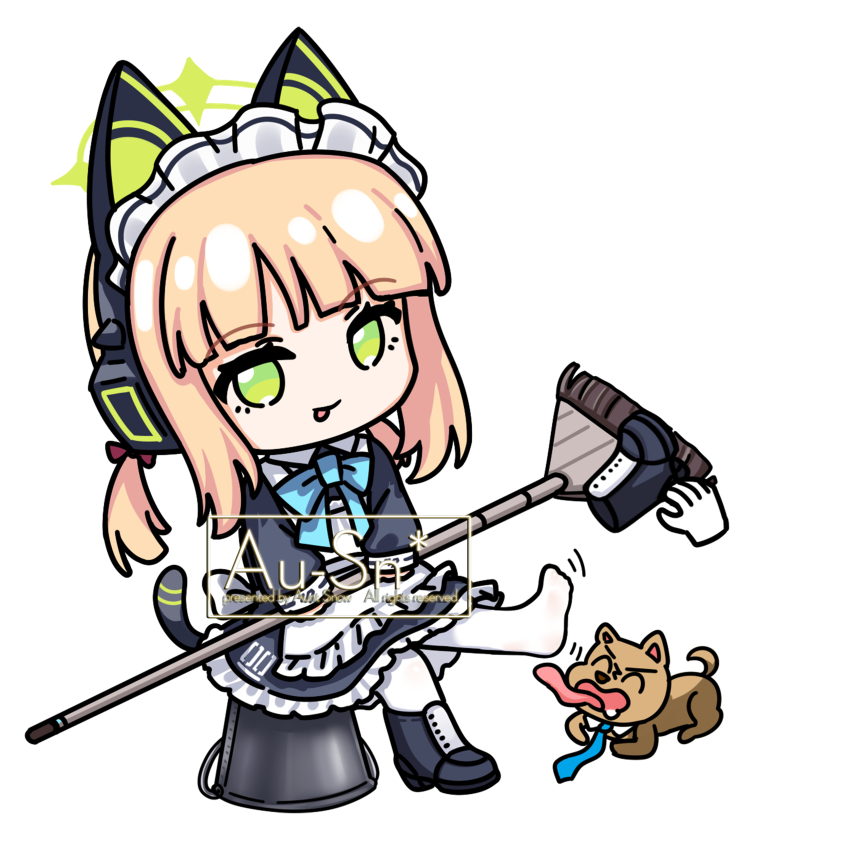 1girl, :p, ^_^, absurdres, animal_ear_headphones, animal_ears, animalization, apron, aqua_bow, aqua_bowtie, artist_name, back_bow, black_boots, black_dress, black_tail, blonde_hair, blue_archive, blue_necktie, boots, bow, bowtie, broom, bucket, cat_ear_headphones, cat_ears, cat_tail, chibi, chinese_commentary, closed_eyes, collared_dress, commentary_request, contrast_collar, detached_collar, disembodied_hand, dog, doodle_sensei_(blue_archive), dress, drooling, fake_animal_ears, fake_tail, frilled_apron, frilled_dress, frills, full_body, green_eyes, green_halo, hair_bow, halo, headphones, highres, holding, holding_boots, holding_broom, holding_footwear, holding_unworn_clothes, long_sleeves, looking_at_viewer, maid, maid_apron, maid_headdress, merchandise_available, midori_(blue_archive), midori_(maid)_(blue_archive), necktie, number_print, official_alternate_costume, on_bucket, open_mouth, outstretched_leg, pantyhose, puffy_long_sleeves, puffy_sleeves, red_bow, sensei_(blue_archive), short_hair, short_twintails, sidelocks, simple_background, single_boot, sitting, smile, soles, solo_focus, tail, tongue, tongue_out, twintails, unworn_boots, watermark, white_apron, white_background, white_bow, white_headdress, white_pantyhose, yimaxue
