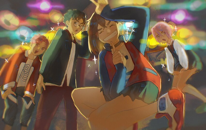 2boys, 2girls, adjusting_eyewear, arm_up, ayase_momo, bare_legs, black_hair, brown_hair