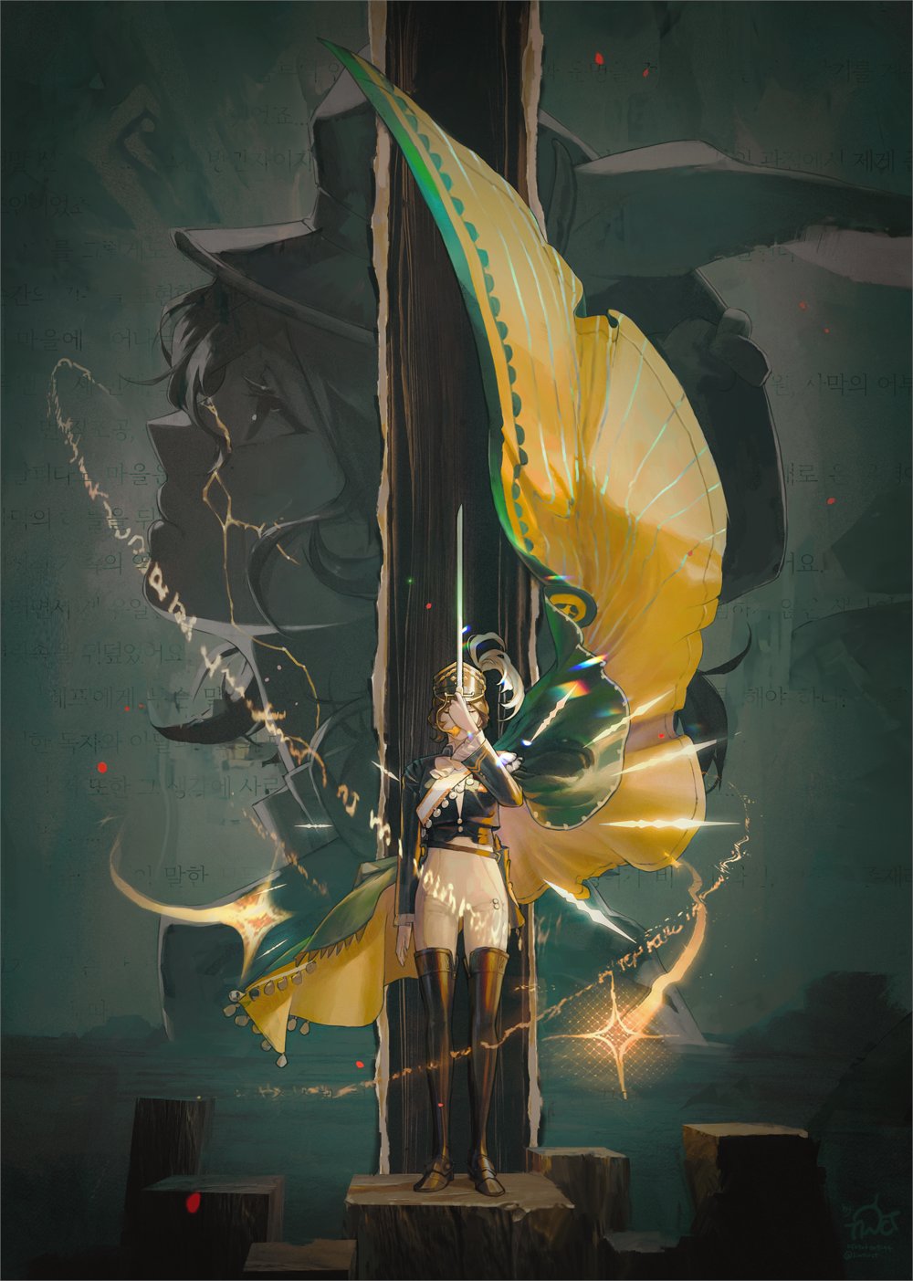 1girl, black_boots, black_hat, black_jacket, boots, brown_hair, cape, dark_background