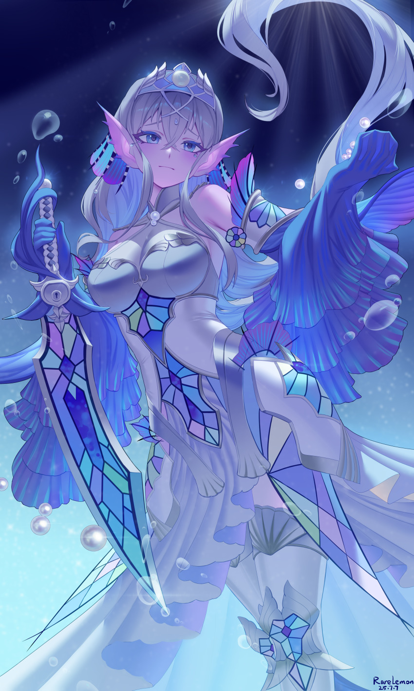 1girl, absurdres, arm_fins, blue_eyes, blush, breasts, closed_mouth, detached_sleeves