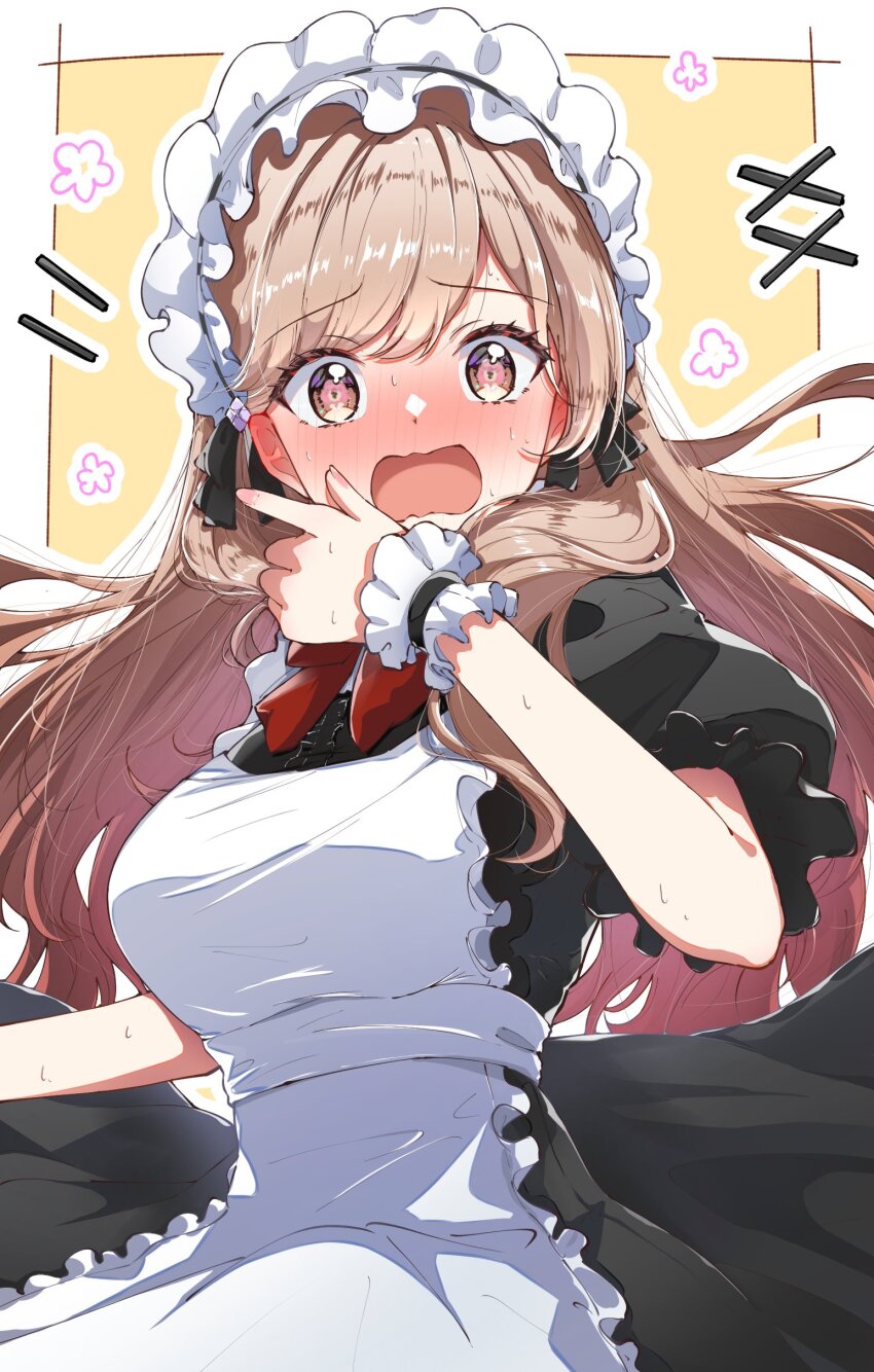 1girl, absurdres, apron, black_dress, blush, bow, bowtie, brown_eyes, brown_hair, dress, frilled_apron, frills, full-face_blush, highres, long_hair, maid, maid_apron, maid_headdress, open_mouth, red_bow, red_bowtie, rio_beginner, sena_ajisai, short_sleeves, solo, sweatdrop, watashi_ga_koibito_ni_nareru_wake_naijan_murimuri!, white_apron, white_headdress, wrist_cuffs