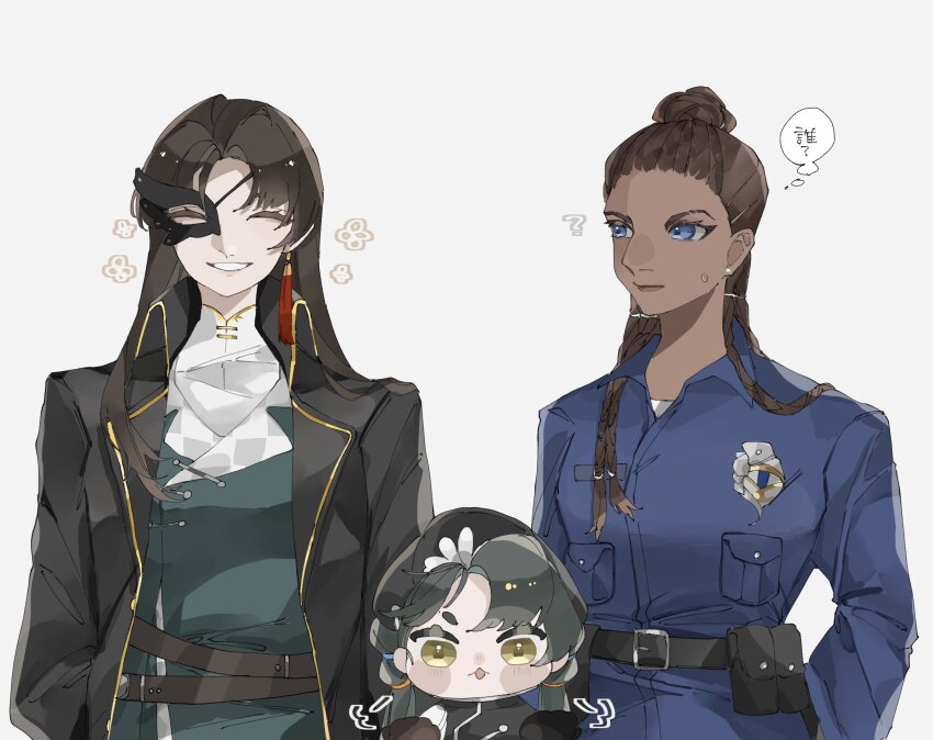 3girls, ?, ^_^, belt, belt_pouch, beret, black_belt, black_coat, black_dress, black_hair, black_hat, black_ibis_(reverse:1999), blue_eyes, blue_shirt, breast_pocket, chibi, chibi_inset, closed_eyes, coat, cornrows, dark-skinned_female, dark_skin, dress, eye_mask, facing_viewer, flower, green_jacket, grey_background, grin, hair_bun, half_eye_mask, hat, highres, jacket, liang_yue_(reverse:1999), long_hair, looking_at_another, low_twintails, mask, ms_r_r, multiple_girls, pocket, poitier_(reverse:1999), police, police_uniform, policewoman, pouch, reverse:1999, shirt, smile, speech_bubble, teacher_and_student, teeth, thought_bubble, twintails, upper_body, yellow_eyes