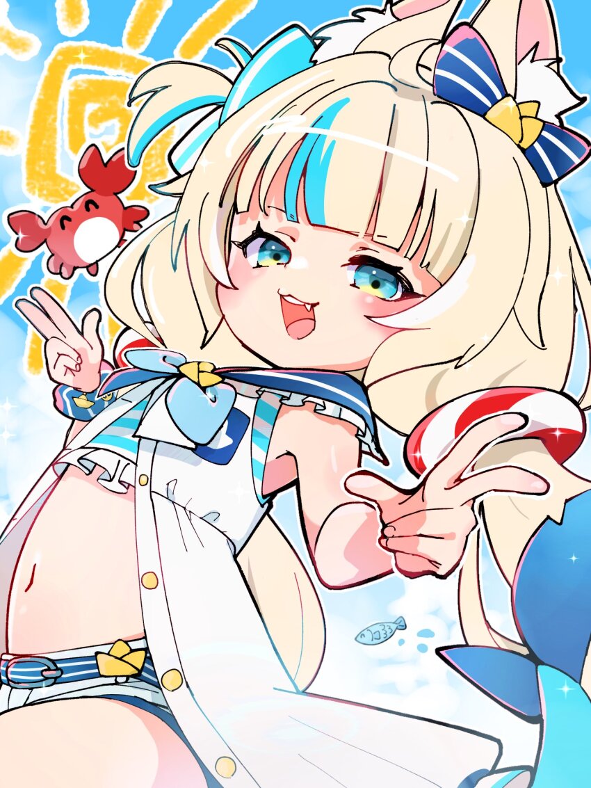 1girl, ahoge, animal_ear_fluff, animal_ears, bikini, blonde_hair, blue_bikini, blue_bow, blue_eyes, blue_hair, bow, breasts, cat_ears, dress, fins, fish_girl, fish_tail, hair_bow, highres, indie_virtual_youtuber, kaniki_(sameko_saba), lifebuoy_hair_ornament, long_hair, low_twintails, makugiga, multicolored_hair, navel, one_side_up, open_mouth, sameko_saba, short_shorts, shorts, sleeveless, sleeveless_dress, small_breasts, smile, solo, streaked_hair, striped_bikini, striped_clothes, sun, swimsuit, tail, twintails, very_long_hair, virtual_youtuber, white_dress, white_shorts
