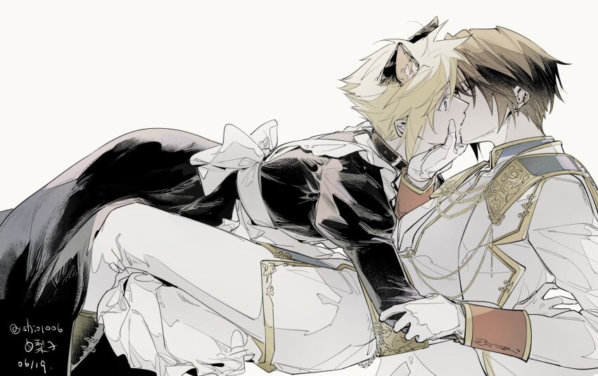 2boys, alternate_costume, animal_collar, animal_ears, apron, black_boots, black_collar, black_dress