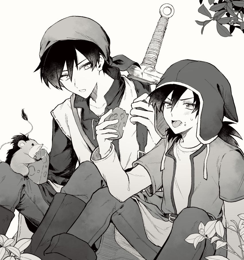 1other, 2boys, bandana, belt, boots, cheese, commentary_request, dragon_quest, dragon_quest_vii, dragon_quest_viii, food, greyscale, hat, hat_flaps, hero_(dq7), hero_(dq8), highres, holding, holding_food, in-franchise_crossover, leaf, male_focus, medium_hair, monochrome, mouse_(animal), multiple_boys, munchie_(dq8), open_mouth, pants, sato_sio_(si00x), short_hair, sitting, spiked_hair, sword, sword_on_back, tongue, tongue_out, tunic, weapon, weapon_on_back, white_background