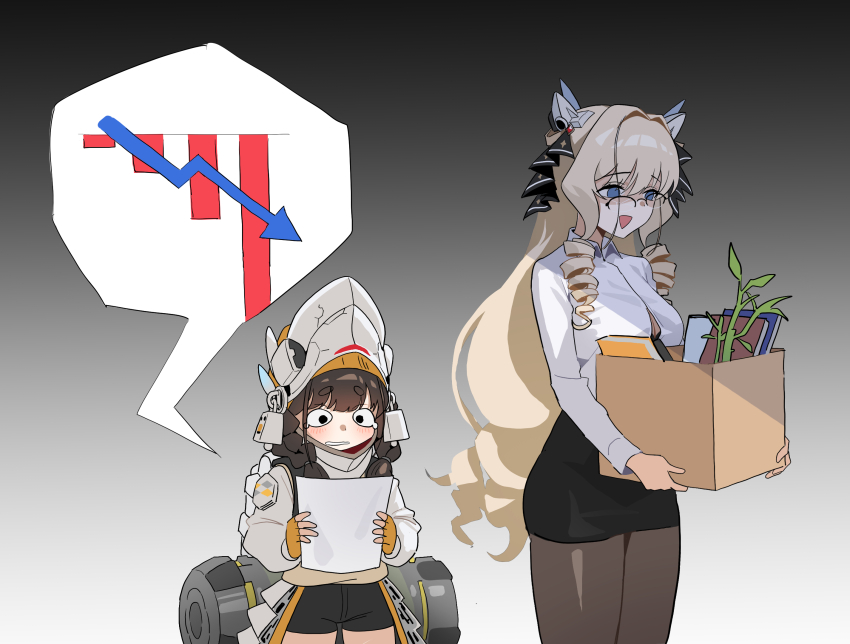 2girls, :3, ^_^, alternate_costume, backpack, bag, bamboo, bar_chart