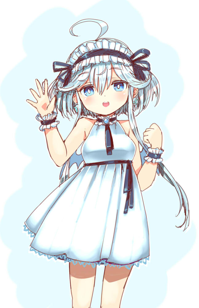 1girl, ahoge, ajitarou_(setsu), bare_shoulders, black_ribbon, blue_eyes, dress, earrings