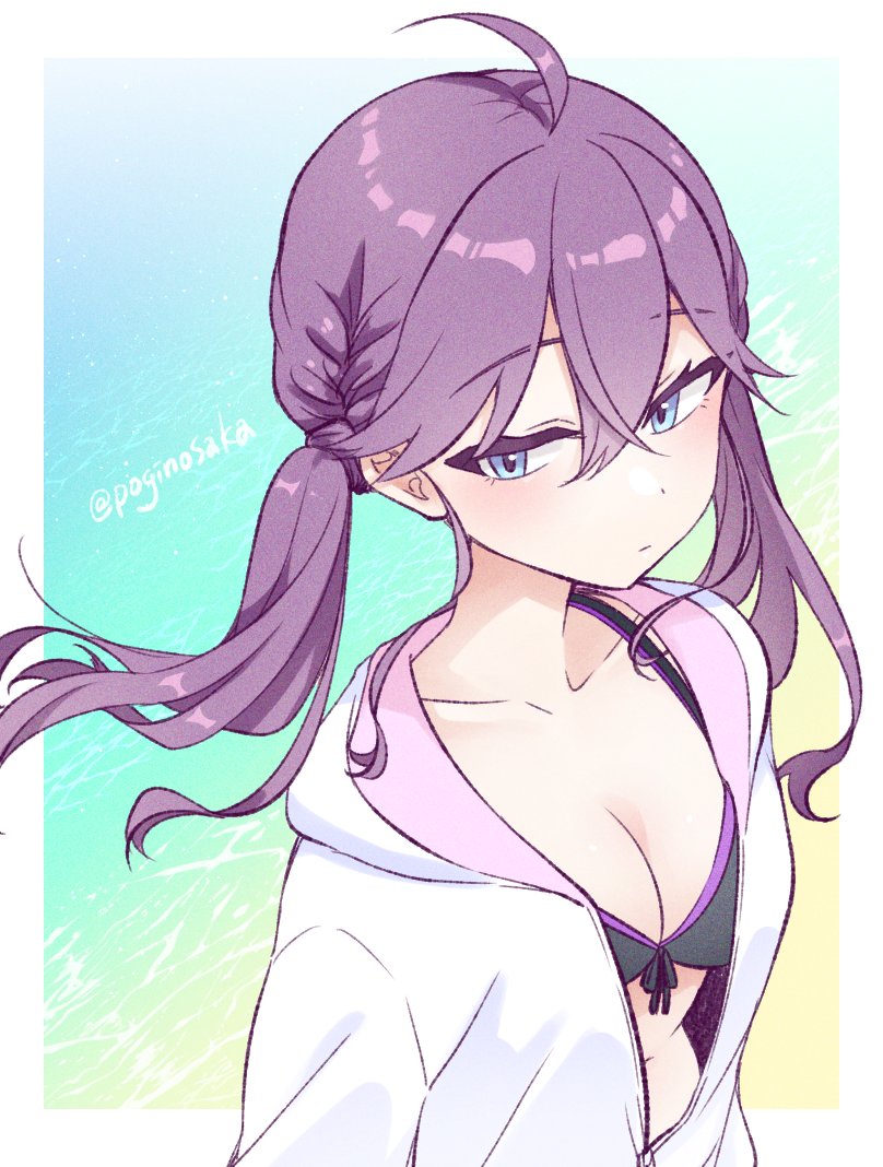 1girl, ahoge, beach, bikini, black_bikini, blue_eyes, blush, braid