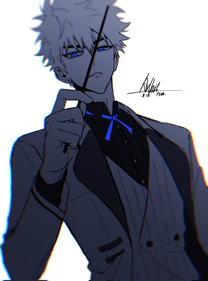 blue_eyes, blue_ribbon, buttons, collared_shirt, formal_clothes, greyscale, hair_between_eyes, hand_up