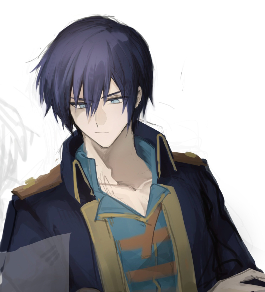 1boy, aqua_shirt, blue_eyes, blue_hair, blue_jacket, collarbone, commentary_request, crossed_arms