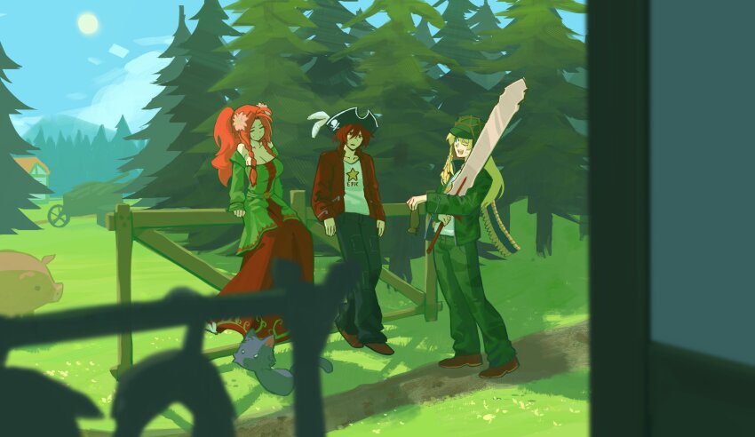 111nuaywwa, 1girl, 2boys, breasts, brown_shoes, cat, cleavage, combat_helmet