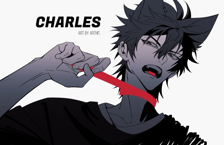 animal_ears, black_hair, cheng_xiaoshi, collarbone, dog_ears, extra_ears, fangs, hair_between_eyes