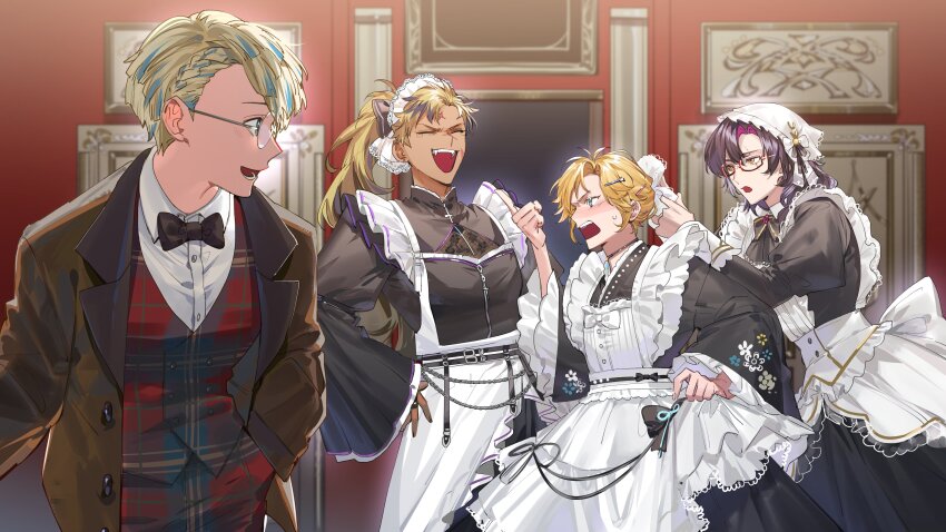 4boys, :d, :o, ^_^, absurdres, alternate_costume, antenna_hair, apron