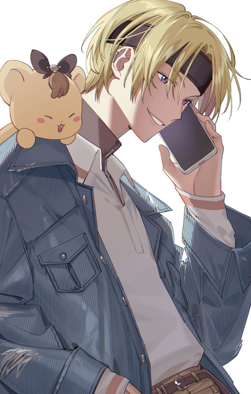 1boy, absurdres, belt, belt_buckle, black_headband, black_shirt, blonde_hair, blue_jacket, brown_belt, buckle, cellphone, collared_jacket, collared_shirt, commentary, denim, denim_jacket, earclip, english_commentary, fang, grin, hand_up, headband, highres, holding, holding_phone, jacket, kaohom503, long_sleeves, luca_kaneshiro, luca_kaneshiro_(5th_costume), lucub_(luca_kaneshiro), male_focus, nijisanji, nijisanji_en, official_alternate_costume, official_alternate_hairstyle, on_shoulder, open_clothes, open_jacket, parted_bangs, phone, pocket, purple_eyes, shirt, short_hair, simple_background, sleeves_past_wrists, smartphone, smile, solo, teeth, torn_clothes, torn_jacket, turtleneck, virtual_youtuber, white_background, white_shirt