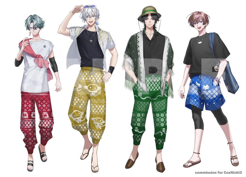 4boys, :d, anklet, arm_up, arm_warmers, black_hair, black_nails, black_sandals