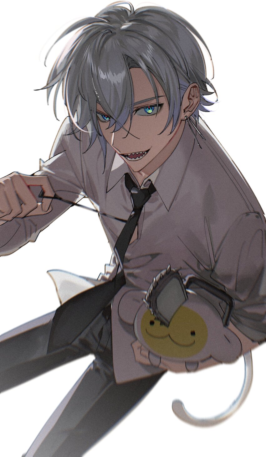 1boy, :d, absurdres, black_necktie, black_pants, blue_eyes, chainsaw_man, collared_shirt